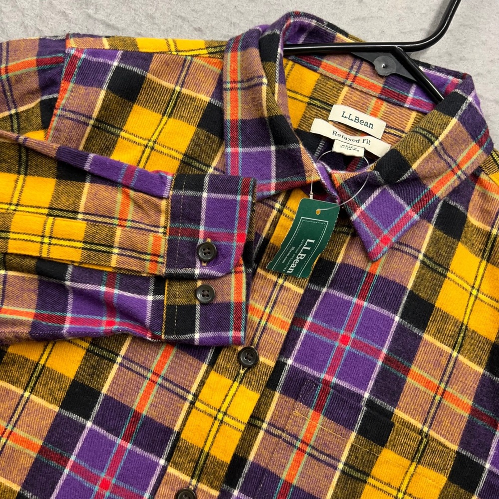 LL Bean Scotch Plaid Shirt Womens XS Petite Purple Yellow Flannel Relaxed 279326